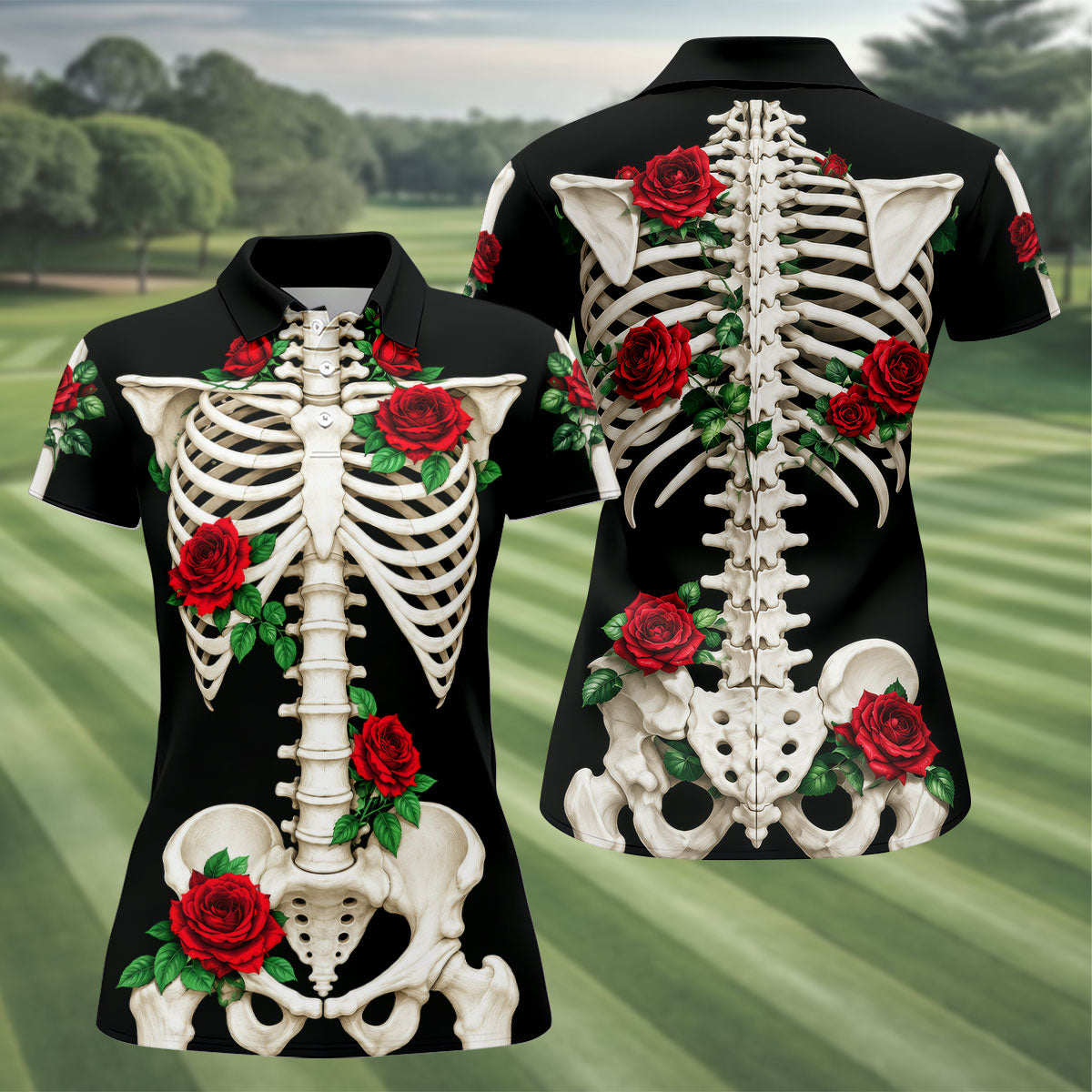 Skeleton Rib Cage And Red Roses Halloween Polo Shirt, Golf Tops For Women, Women’s Golf Polo