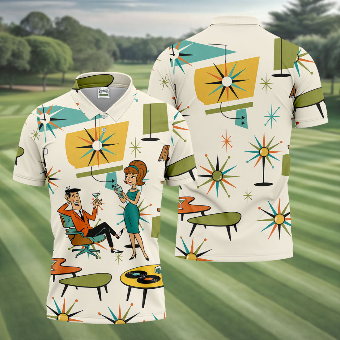 Atomic Cocktail Lounge Retro Hawaiian Golf Shirt, Men's Golf Shirt, Polo Shirts For Men