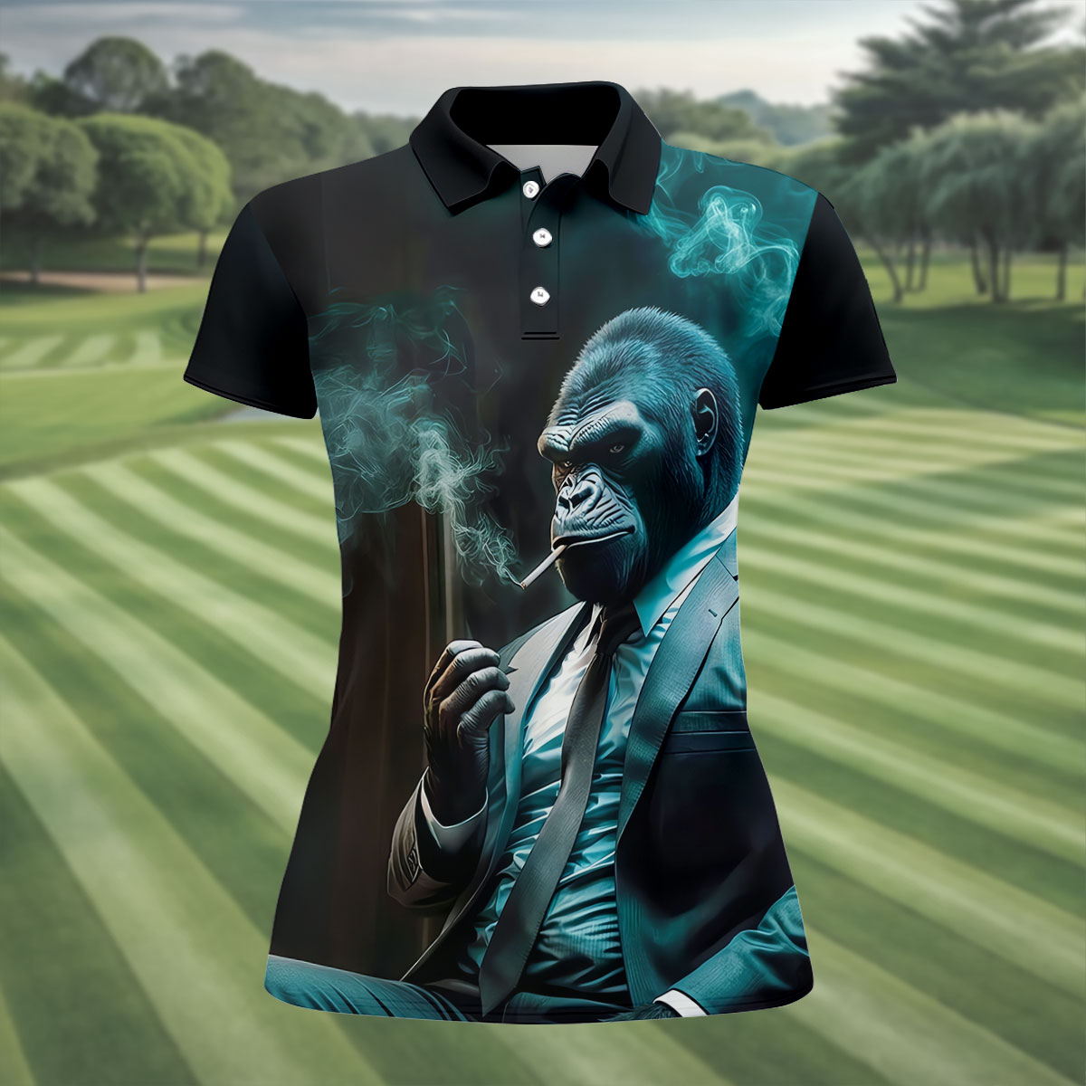 Gorilla Executive Midnight Smoke Hawaiian Golf Shirt, Women's Golf Tops, Ladies Golf Shirts