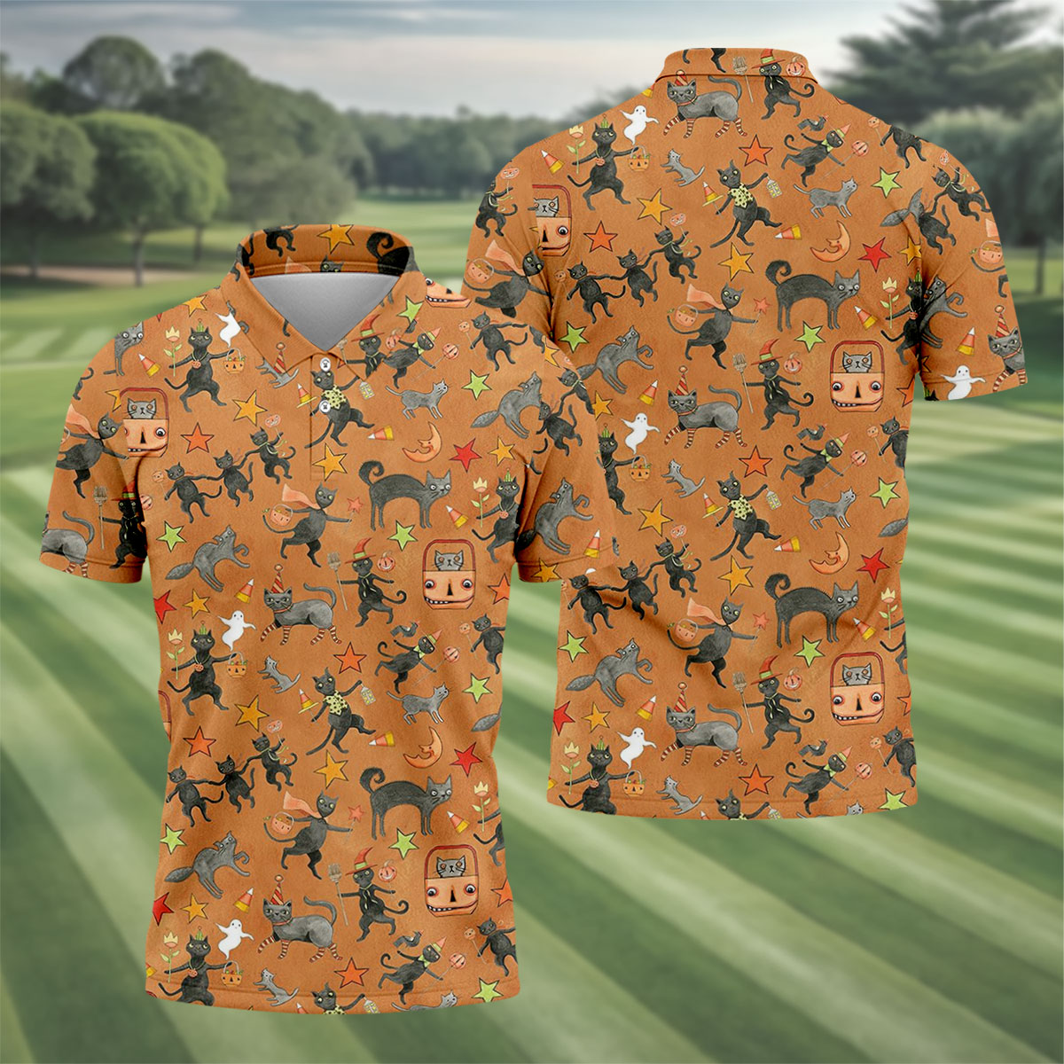 Vintage Black Cat Halloween Pattern Polo Shirt, Mens Golf Polo, Golf Apparel For Men