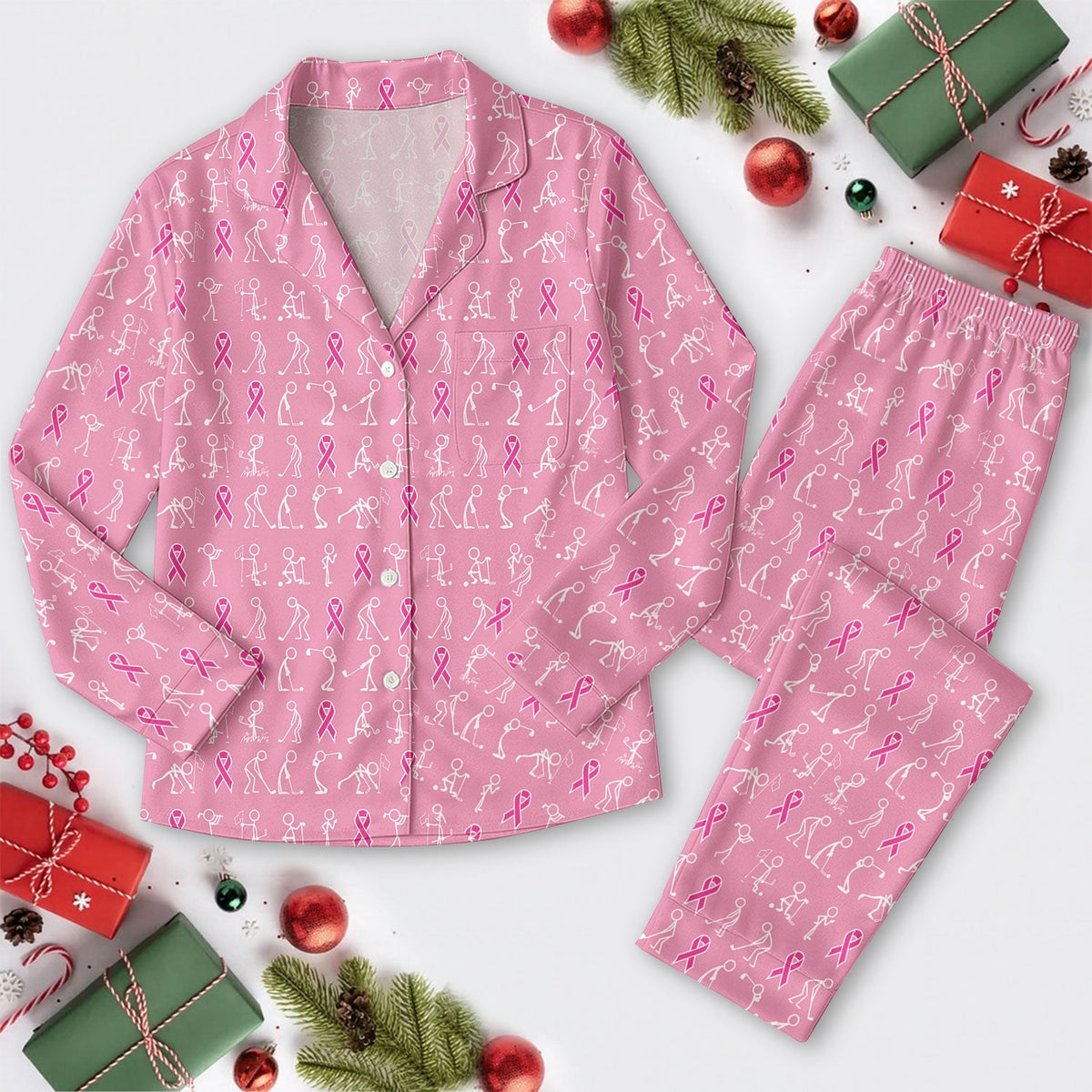 Funny Stick Figure Golfing Long Sleeve Pajama Set, Breast Cancer Awareness Pink Satin Pajamas