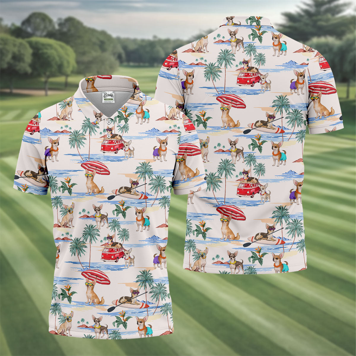 Summer Chihuahua Paradise Pattern Hawaiian Golf Polo, Golf Tops For Men, Golfing Apparel