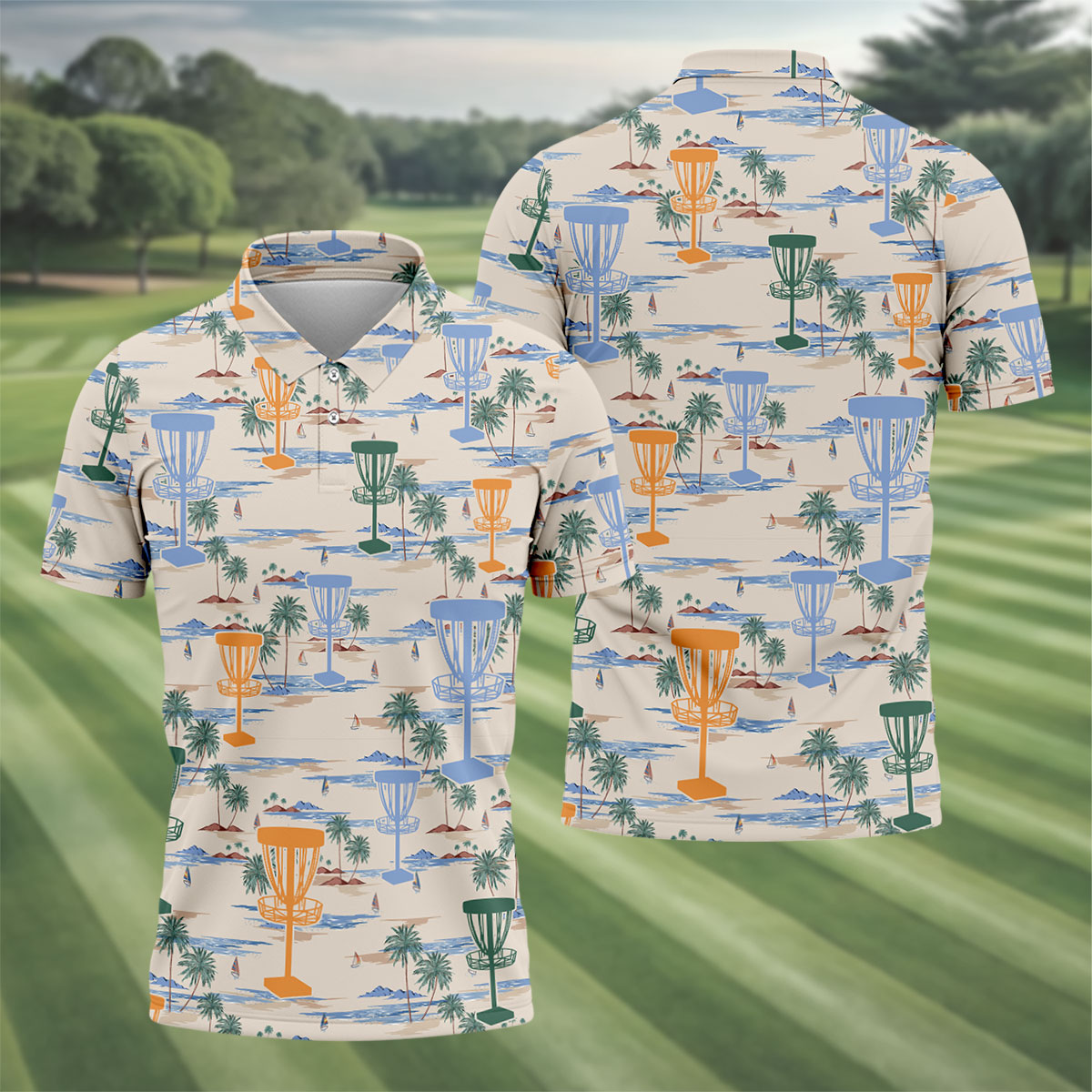 Beach Disc Golf Basket Pattern Polo Shirt, Hawaiian Golf Shirt, Golf Polo Shirts For Men