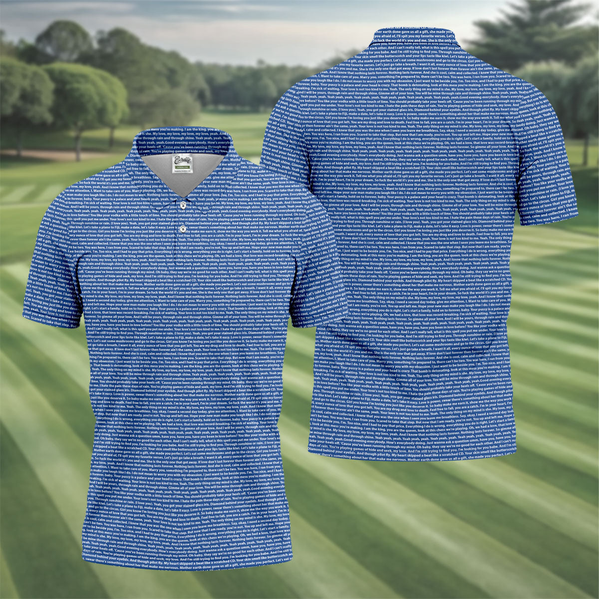 Blue Text Pattern Golf Polo Shirt, Golf Polo Shirts For Men, Mens Golf Apparel