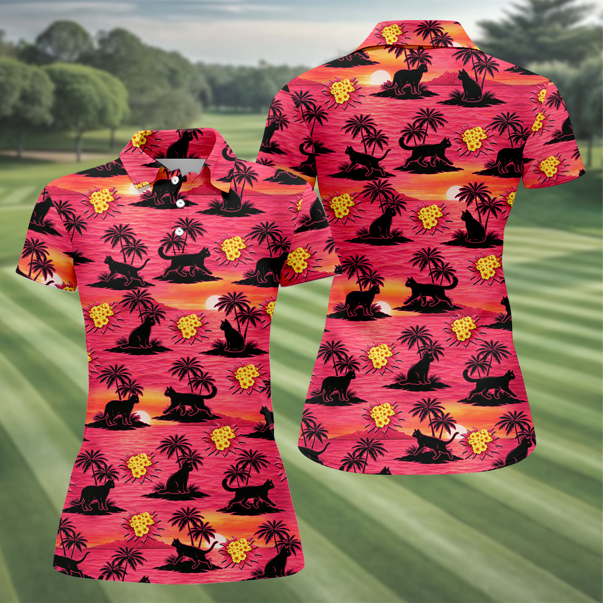 Tropical Cat Sunset Pattern Hawaiian Golf Polo, Golf Tops For Women, Golfing Apparel