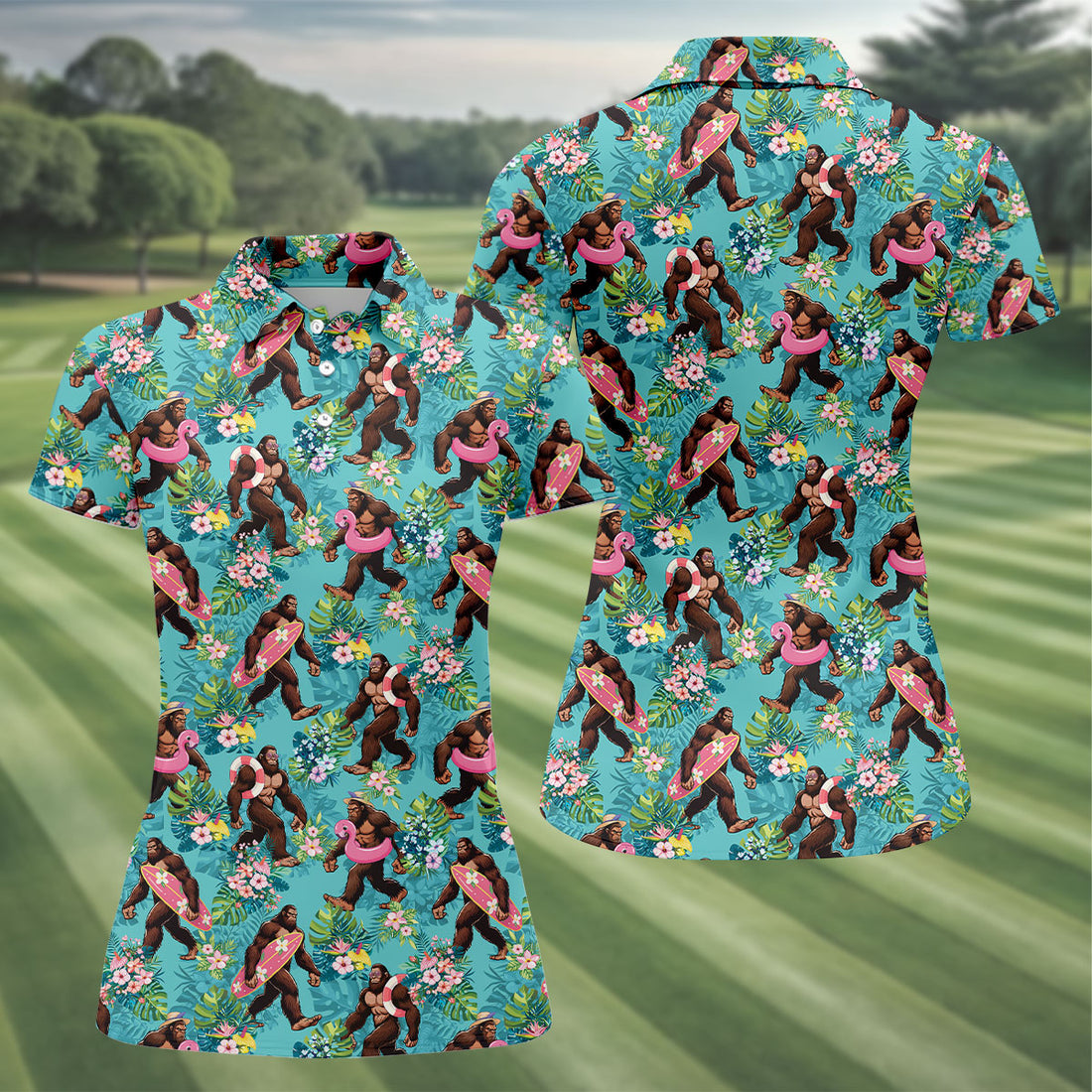 Aqua Blue Bigfoot Beach Party Hawaiian Golf Shirt, Women's Golf Tops, Ladies Golf Shirts