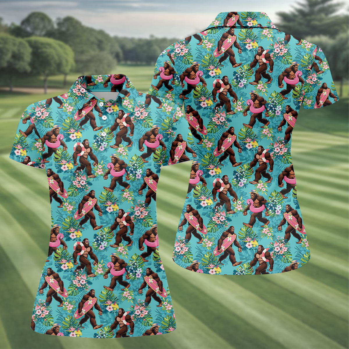 Aqua Blue Bigfoot Beach Party Hawaiian Golf Shirt, Women's Golf Tops, Ladies Golf Shirts