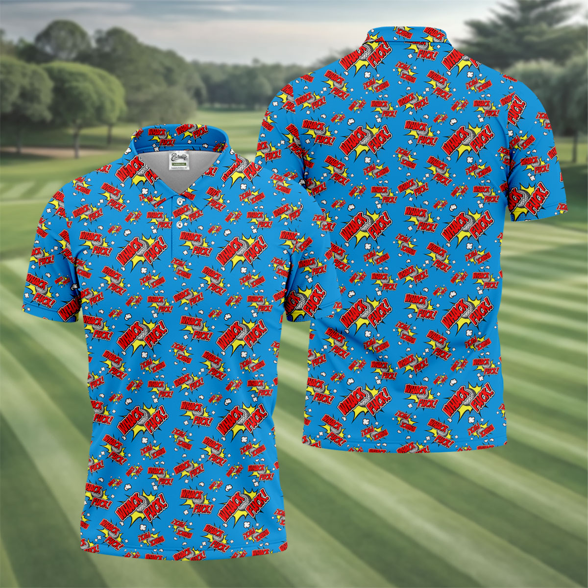 Funny Whack F*ck Comic Golf Ball Blue Polo Shirt, Mens Golf Polo, Golf Apparel For Men