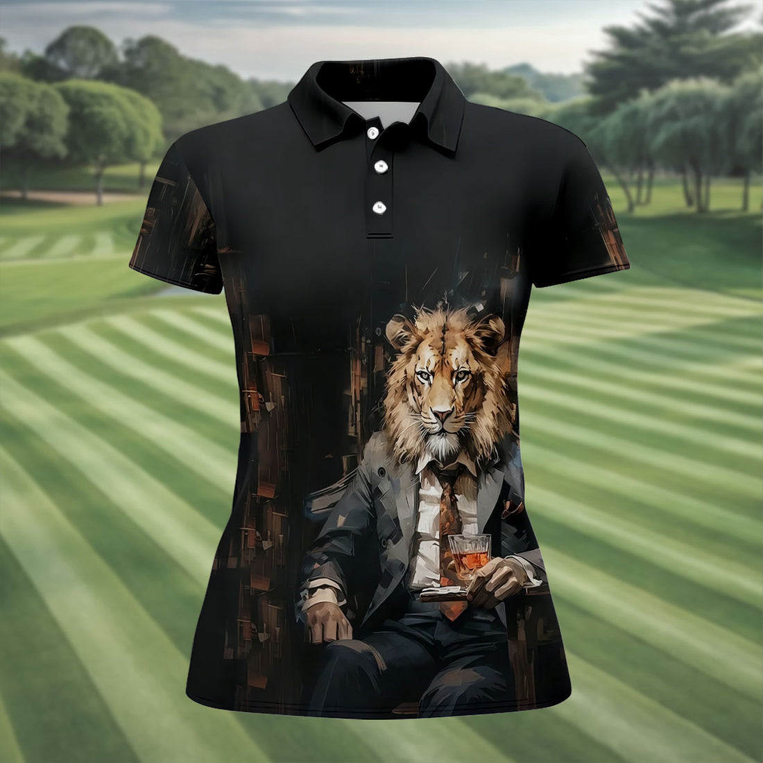 Lion Gentleman Midnight Whiskey Hawaiian Golf Shirt, Women's Golf Tops, Ladies Golf Shirts