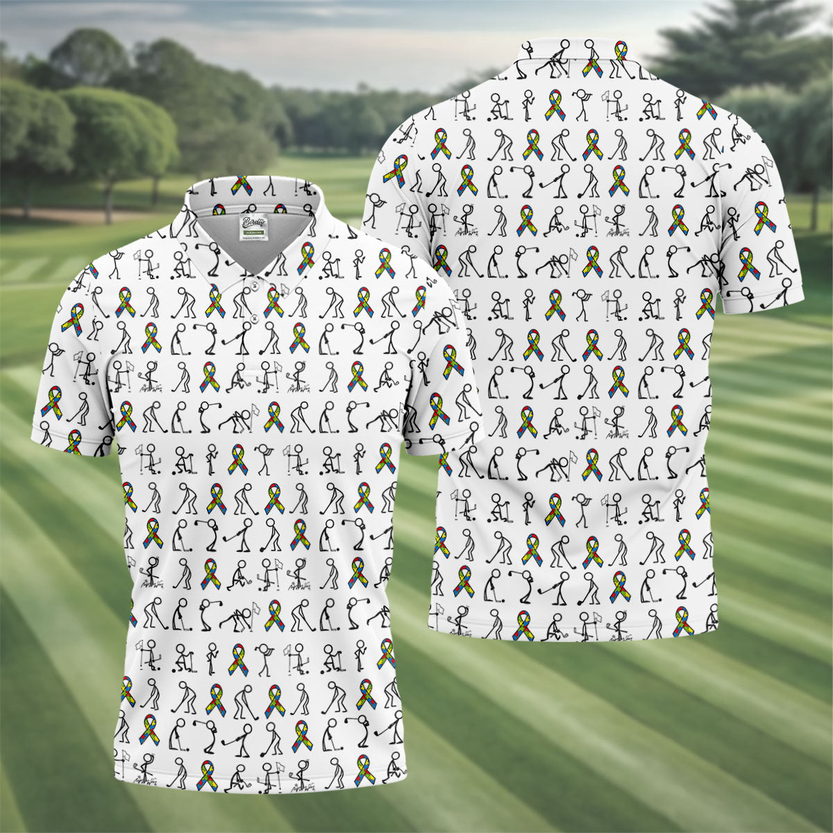 Stick Figure Golf Pose Autism Ribbon White Golf Shirt, Autism Awareness Colors Golf Shirts For Men