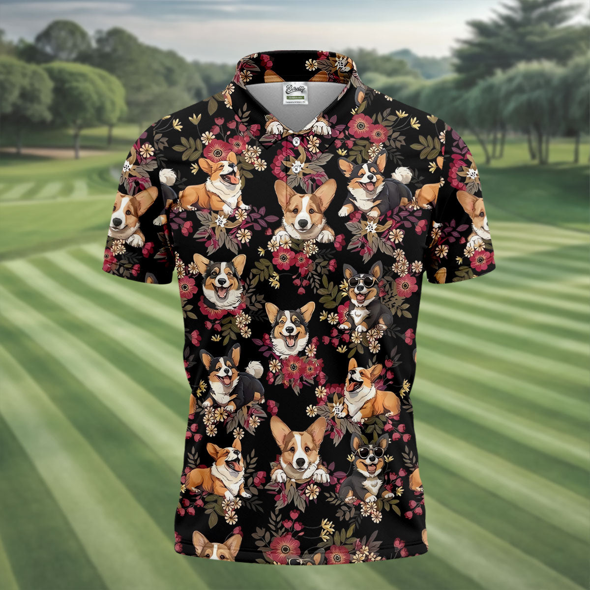 Cute Corgi Floral Hawaiian Pattern Polo Shirt, Mens Golf Polo, Funny Golf Shirt