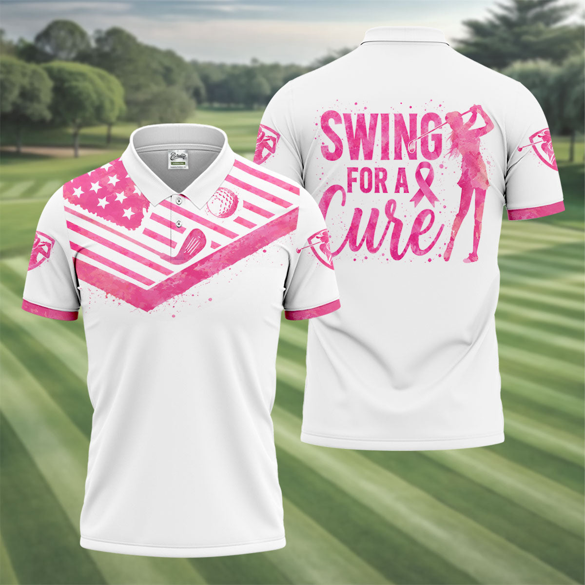 Swing For A Cure Pink Flag Breast Cancer Polo Shirt, Men's Golf Shirt, Printed Golf Shirts