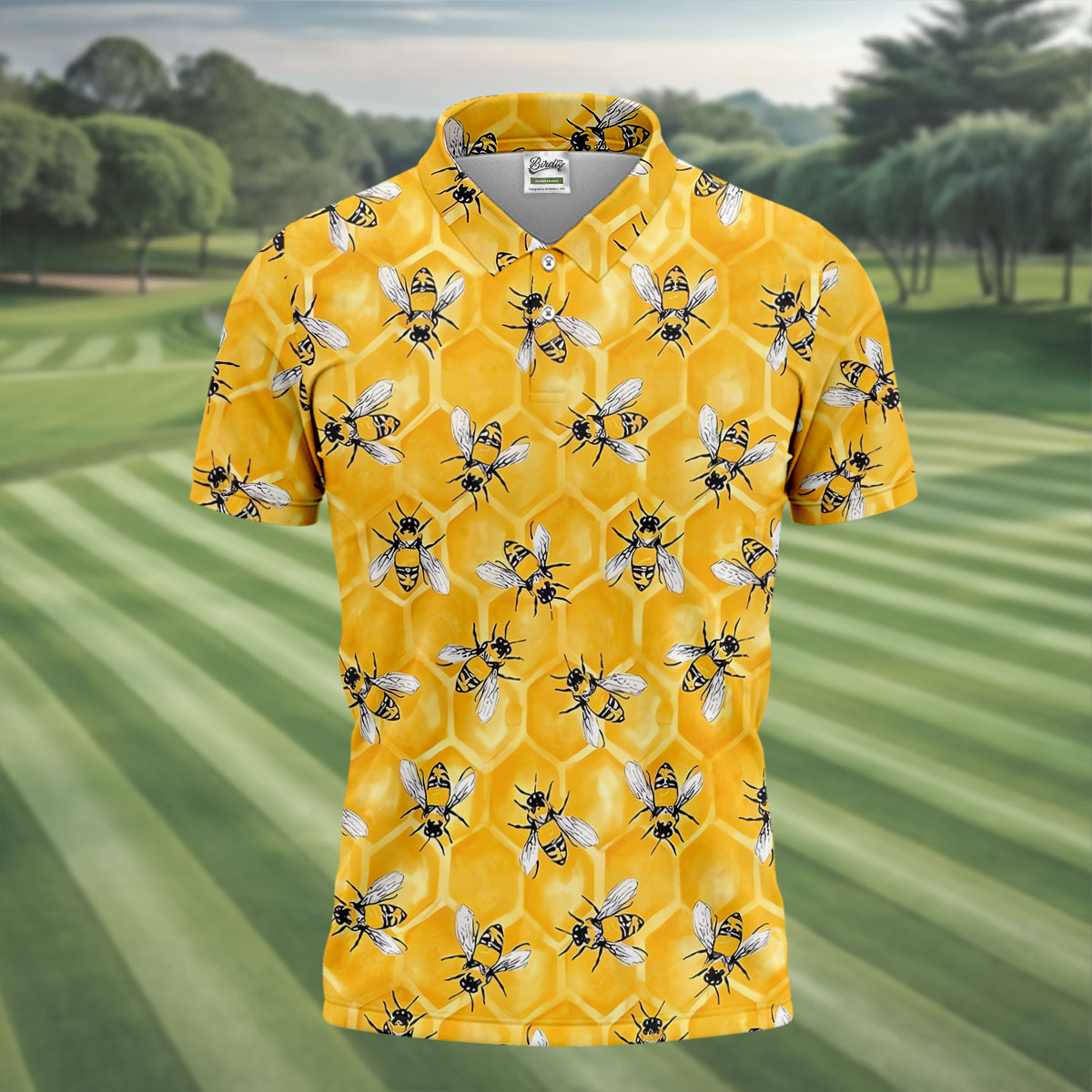 Realistic Flying Bees on Golden Honeycomb Hawaiian Golf Polo, Golf Tops For Men, Golfing Apparel