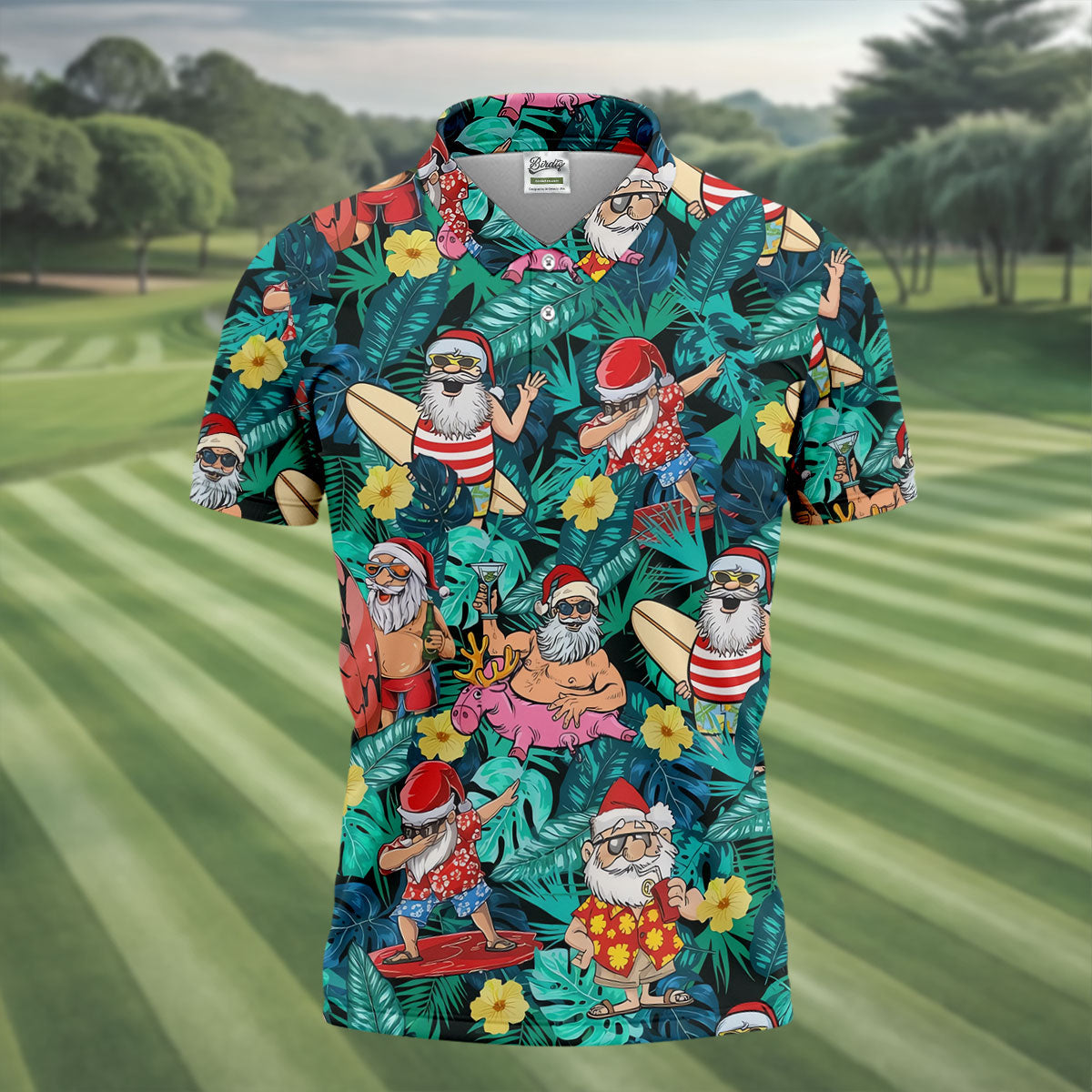 Men's Funny Santa Pool Float Golf Shirt, Christmas Golf Shirt, Golf Apparel For Men