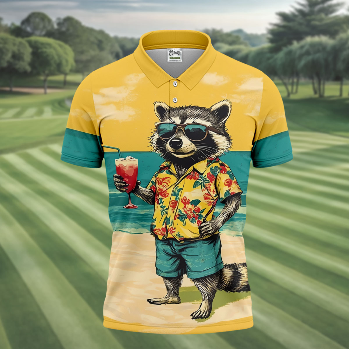 Cool Raccoon Tropical Yellow Hawaiian Golf Polo, Golf Tops For Men, Golfing Apparel