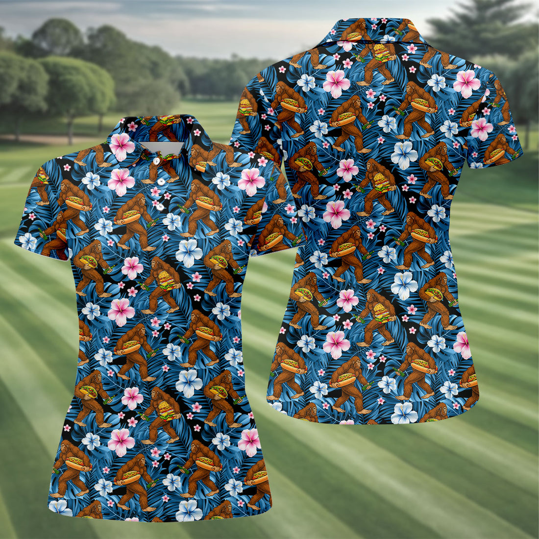 Tropical Bigfoot Burger Party Pattern Hawaiian Golf Polo, Golf Tops For Women, Golfing Apparel