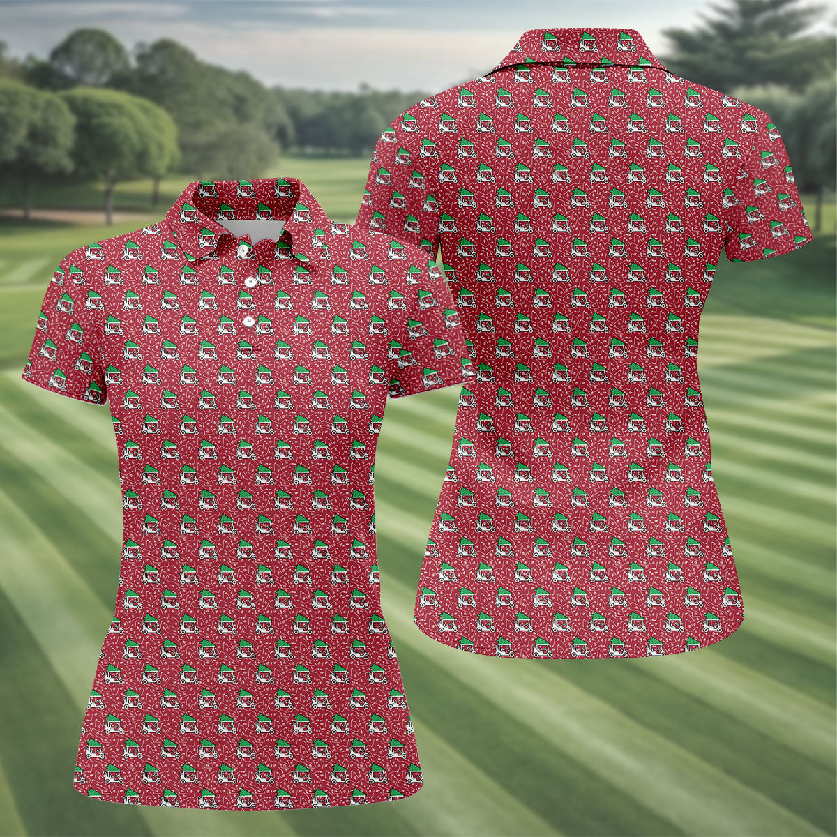 Christmas Golf Cart Pattern Red Women's Golf Tops, Christmas Golf Shirt, Polo Shirts For Women