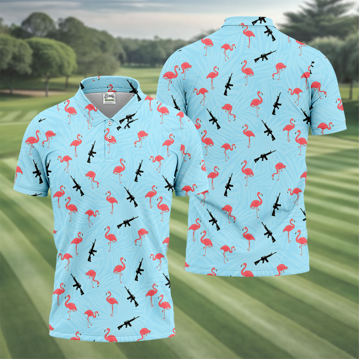 Light Blue Flamingo Pattern Golf Polo Shirt, Men's Golf Shirt, Golf Polo Shirts For Men