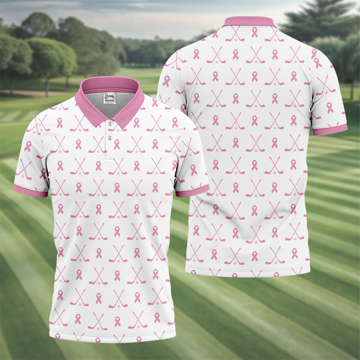 Pink Ribbon Golf Clubs Breast Cancer Polo Shirt, Golf Shirts For Men, Mens Golf Apparel