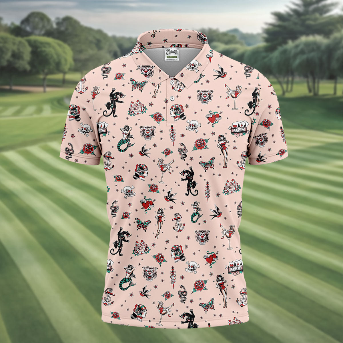 Vintage Tattoo Flash Icon Golf Polo Shirt, Golf Polo Shirts For Men, Mens Golf Apparel