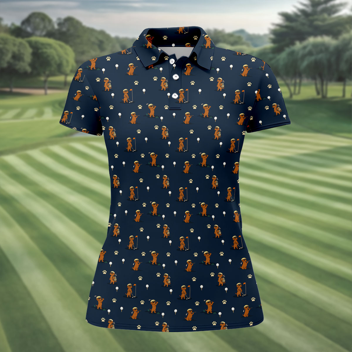 Cartoon Dachshund Golfer Pattern Golf Polo Shirt, Golf Tops For Women, Printed Golf Shirt