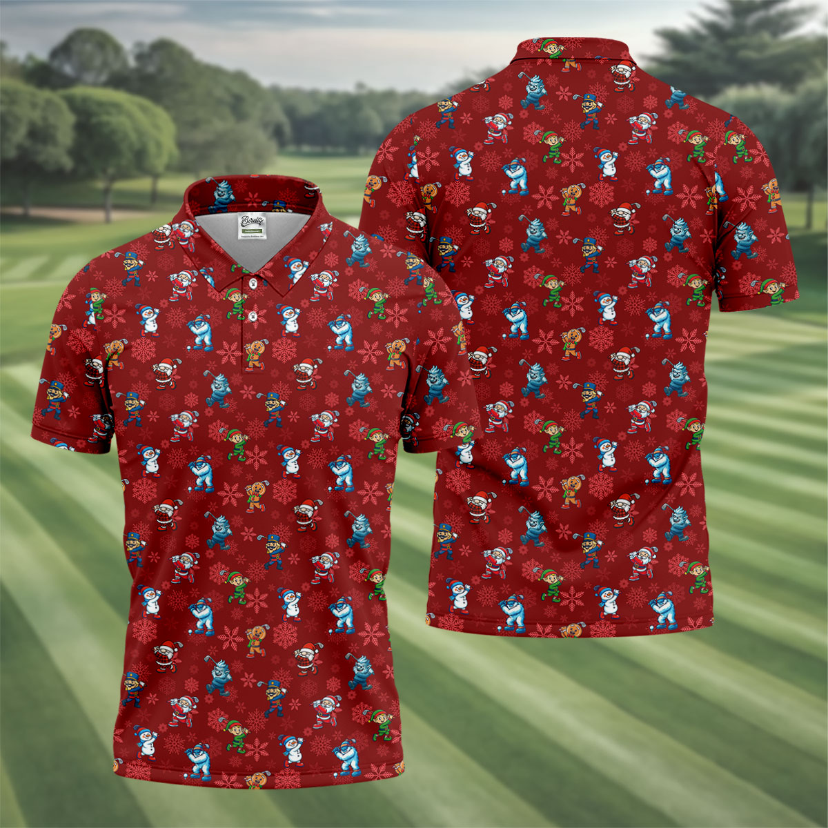 Funny Christmas Characters Golf Pose Red Golf Shirt, Christmas Golf Shirt, Polo Shirts For Men