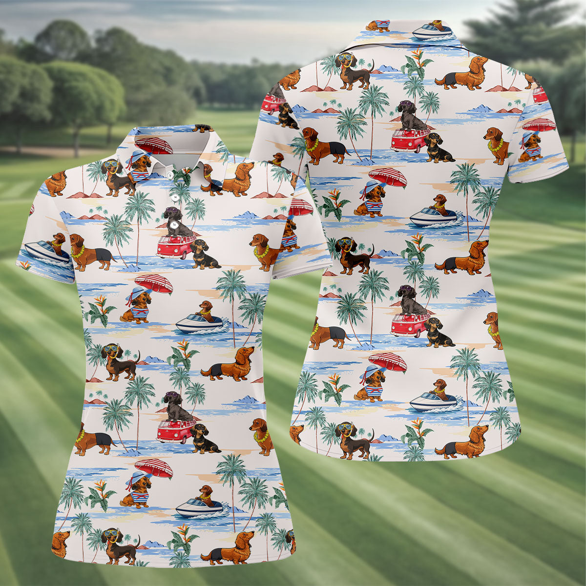 Tropical Dachshund Beach Pattern Hawaiian Golf Polo, Golf Tops For Women, Golfing Apparel