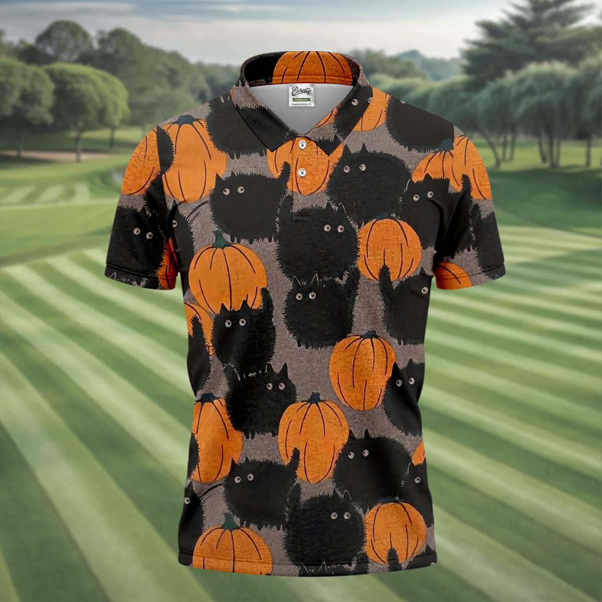 Black Cat Pumpkin Halloween Golf Polo Shirt, Mens Golf Apparel, Golf Shirts For Men
