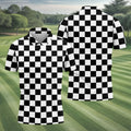 Black White Checkerboard Golf Shirt, Racing Flag Men's Golf Polo, Polo Shirts For Men