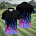 Black Blue Flame Fire Pattern Golf Shirt, Men's Golf Shirt, Mens Polo Shirts, Printed Golf Shirts