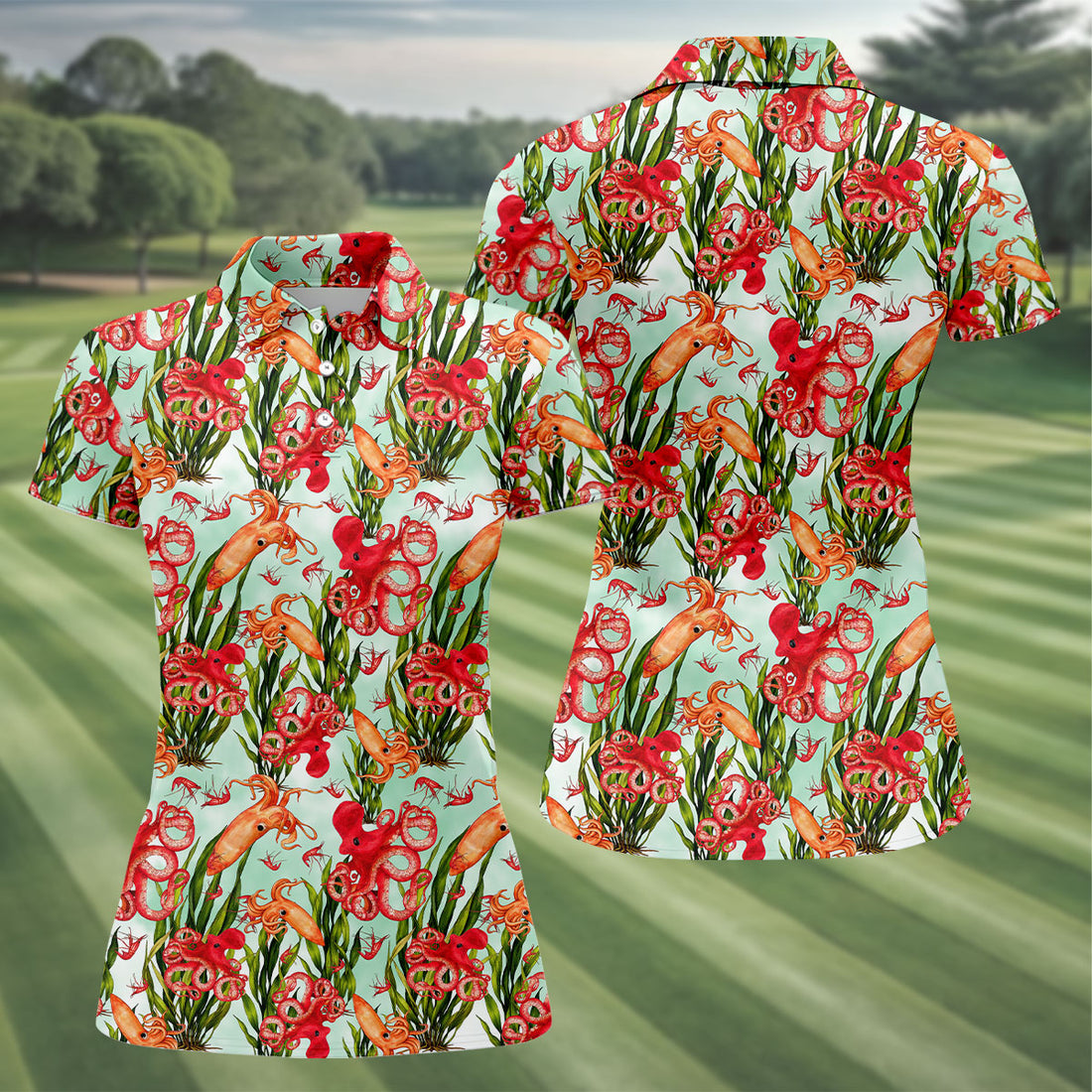 Tropical Cephalopods Among Seaweed Hawaiian Golf Polo, Golf Tops For Women, Golfing Apparel
