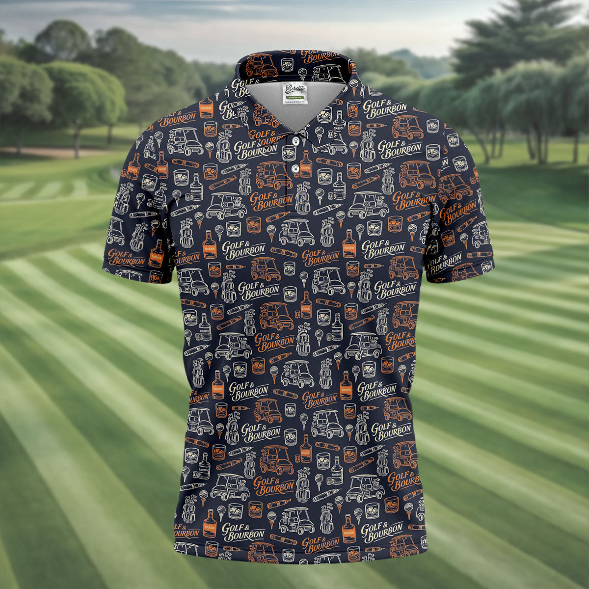 Funny Golf Bourbon Cigar Pattern Polo Shirt, Golf Polo Shirts For Men, Mens Golf Apparel