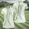 Geometric Line Wavy Line Green And White Women's Golf Tops, Ladies Golf Shirts, Women's Polo Shirt