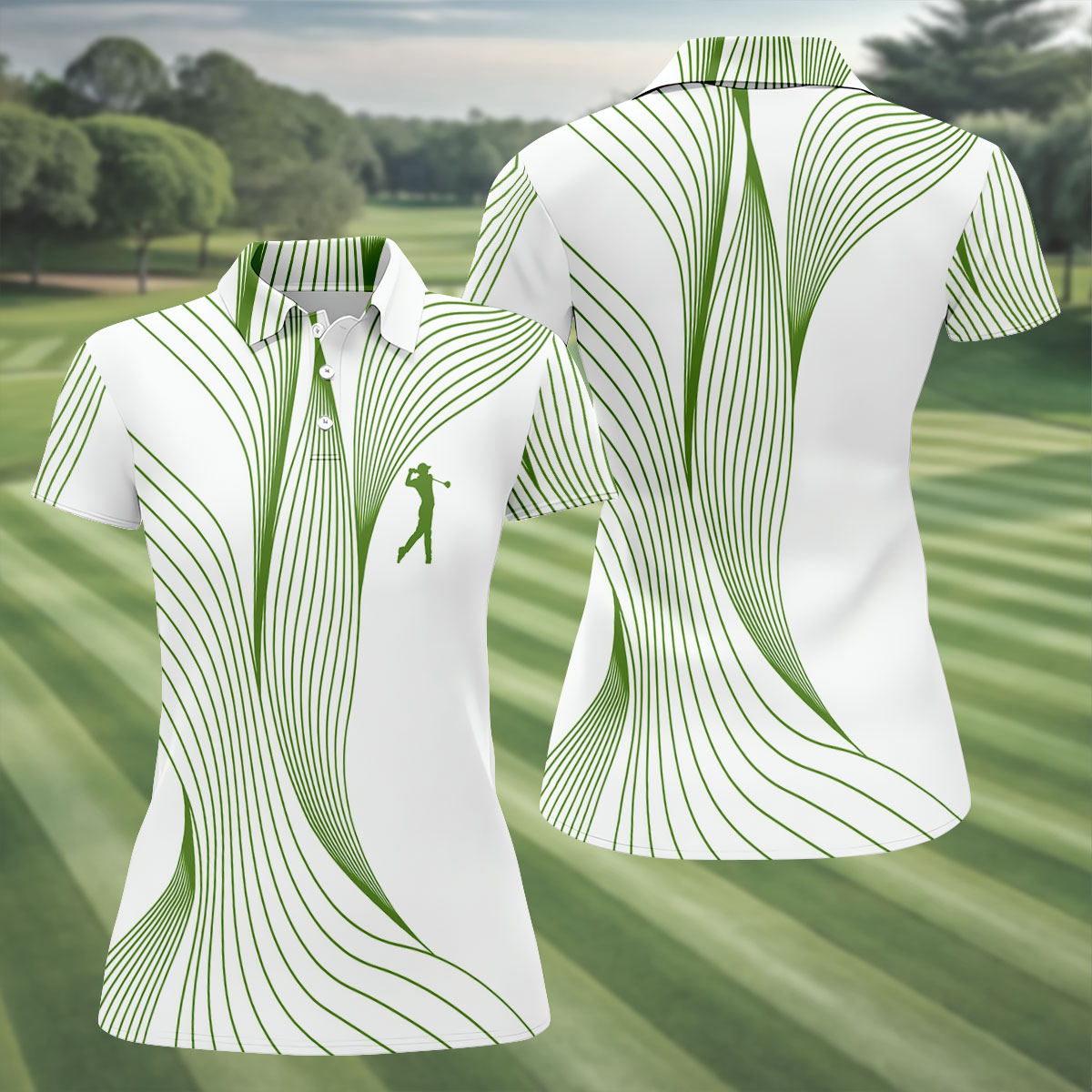 Geometric Line Wavy Line Green And White Women's Golf Tops, Ladies Golf Shirts, Women's Polo Shirt