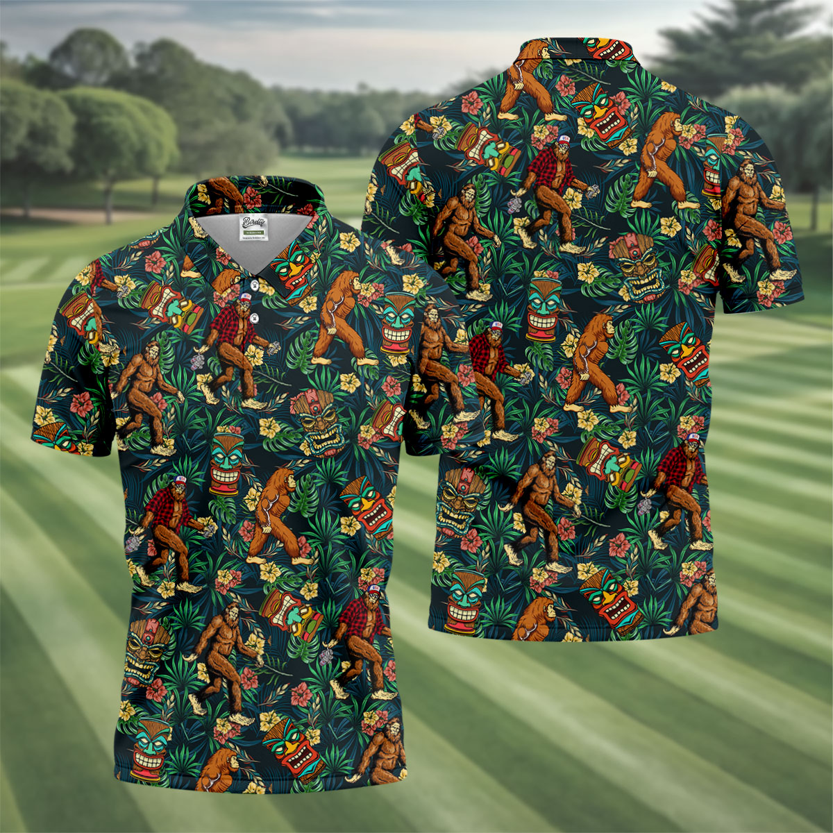 Bigfoot Tropical Tiki Resort Pattern Design Hawaiian Golf Polo, Golf Tops For Men, Golfing Apparel