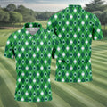 Green And White Lucky Four Leaf Clover Argyle Pattern St Patrick's Day Golf Shirt, Polo Shirts For Men