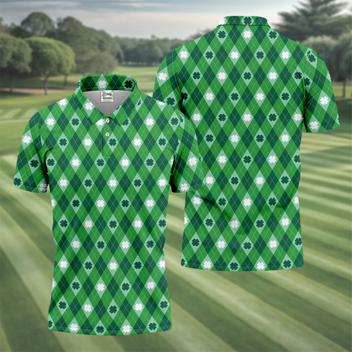 Green And White Lucky Four Leaf Clover Argyle Pattern St Patrick's Day Golf Shirt, Polo Shirts For Men