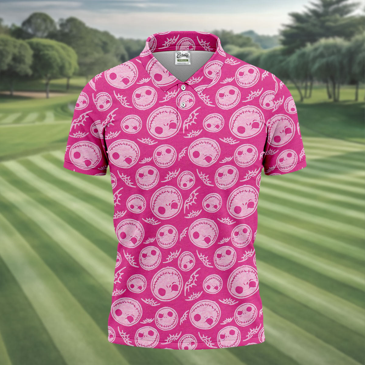 Pink Stitched Skull Halloween Golf Polo Shirt, Golf Shirts For Men, Mens Golf Apparel