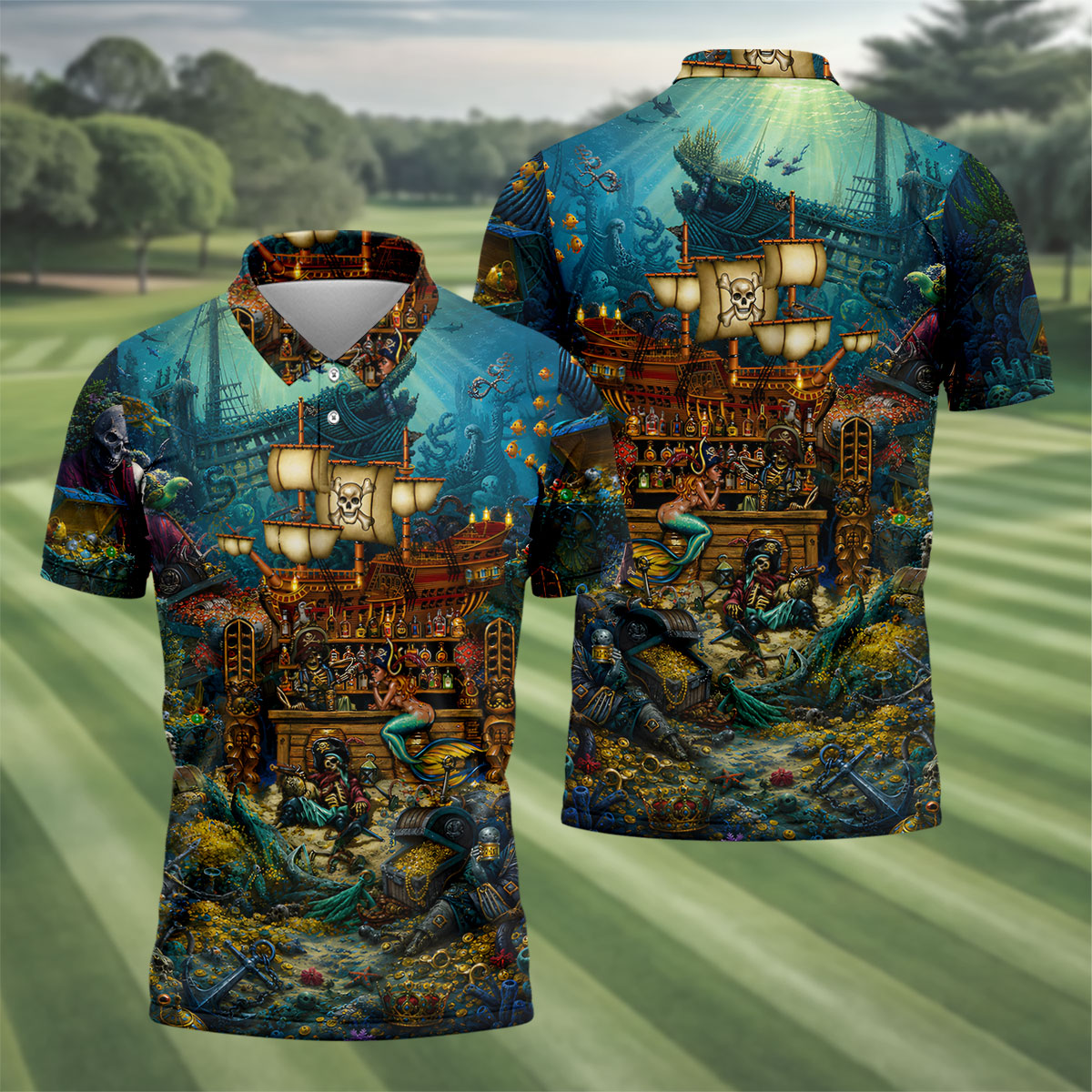 Pirate Life Tiki Pattern Hawaiian Golf Shirt, Men's Golf Shirt, Polo Shirts For Men