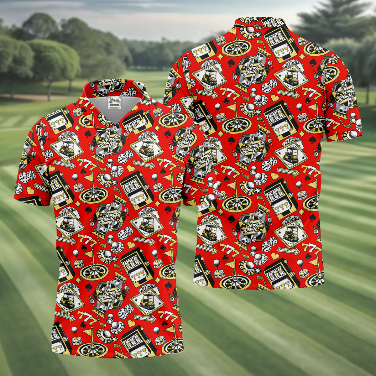 Casino Golf Pattern Red Hawaiian Golf Polo Shirt, Mens Golf Polo, Polo Shirts For Men