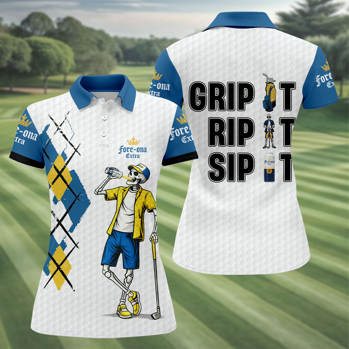 Fore-Ona Extra Blue Yellow Skeleton Golfer Beer Polo Shirt, Women’s Golf Apparel, Golf Shirts For Women
