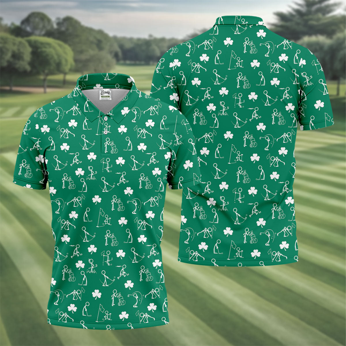 Stick Figure Golf Pose St Patrick's Day Shamrock Green Golf Shirt, Polo Shirts For Men, Golf Shirts For Men