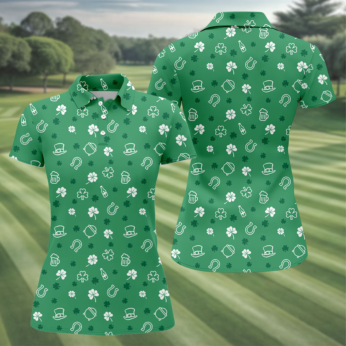 Leprechaun Hat Shamrock Beer Seamless Pattern St. Patrick’s Day Golf Shirt, Women's Golf Tops, Ladies Golf Polos