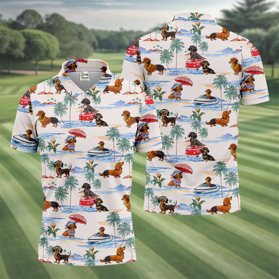 Tropical Dachshund Beach Pattern Hawaiian Golf Polo, Golf Tops For Men, Golfing Apparel