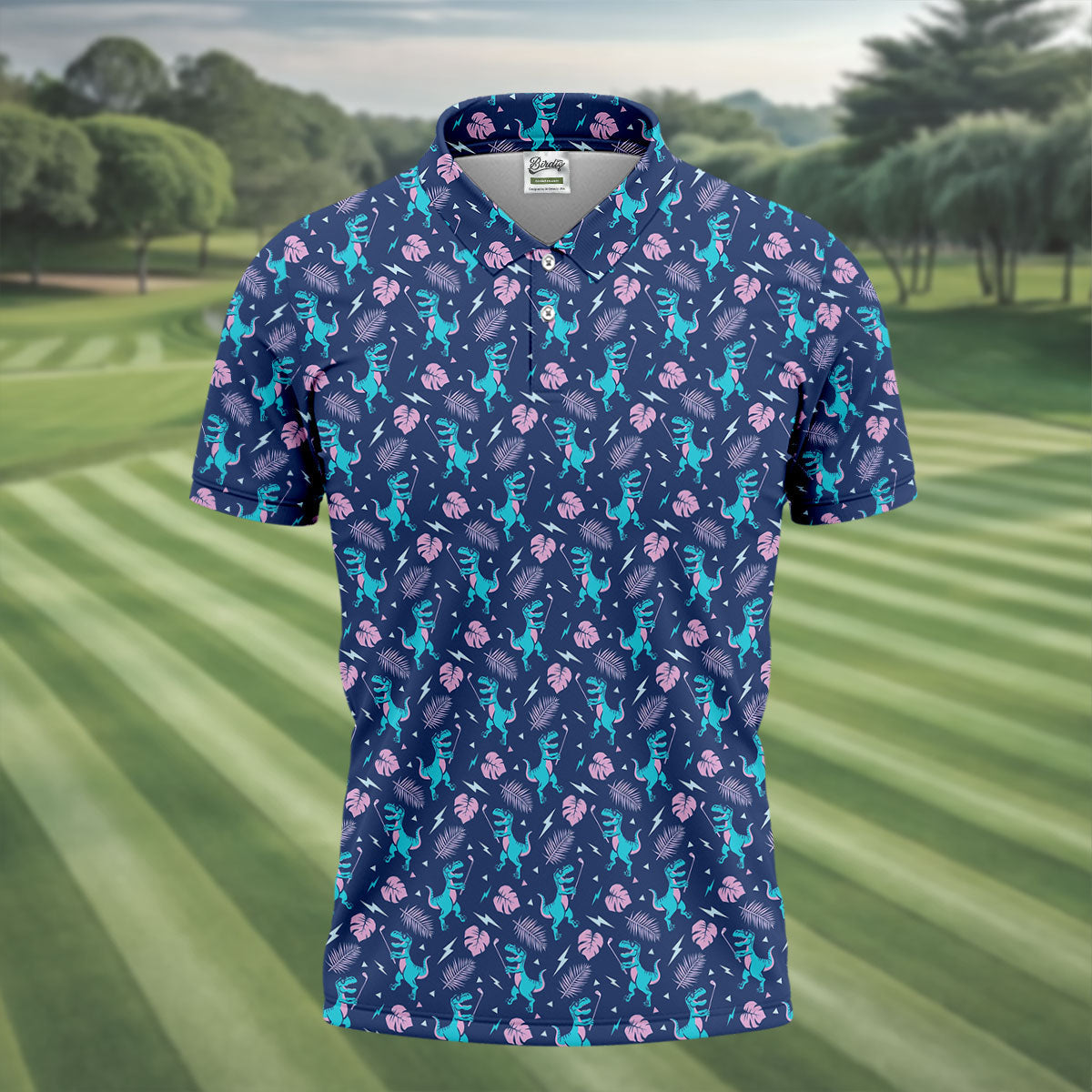 Funny Dinosaur Golfer Tropical Pattern Polo Shirt, Mens Golf Polo, Printed Golf Shirts