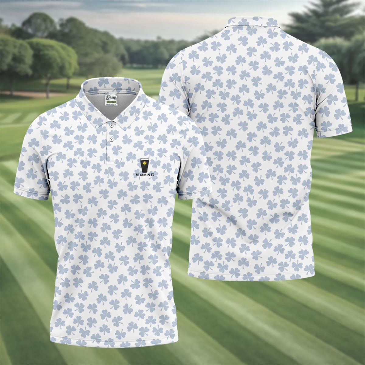 Vitamin G Shamrock Pattern Golf And Beer White Golf Shirt, St Patrick's Day Golf Shirt, Polo Shirts For Men