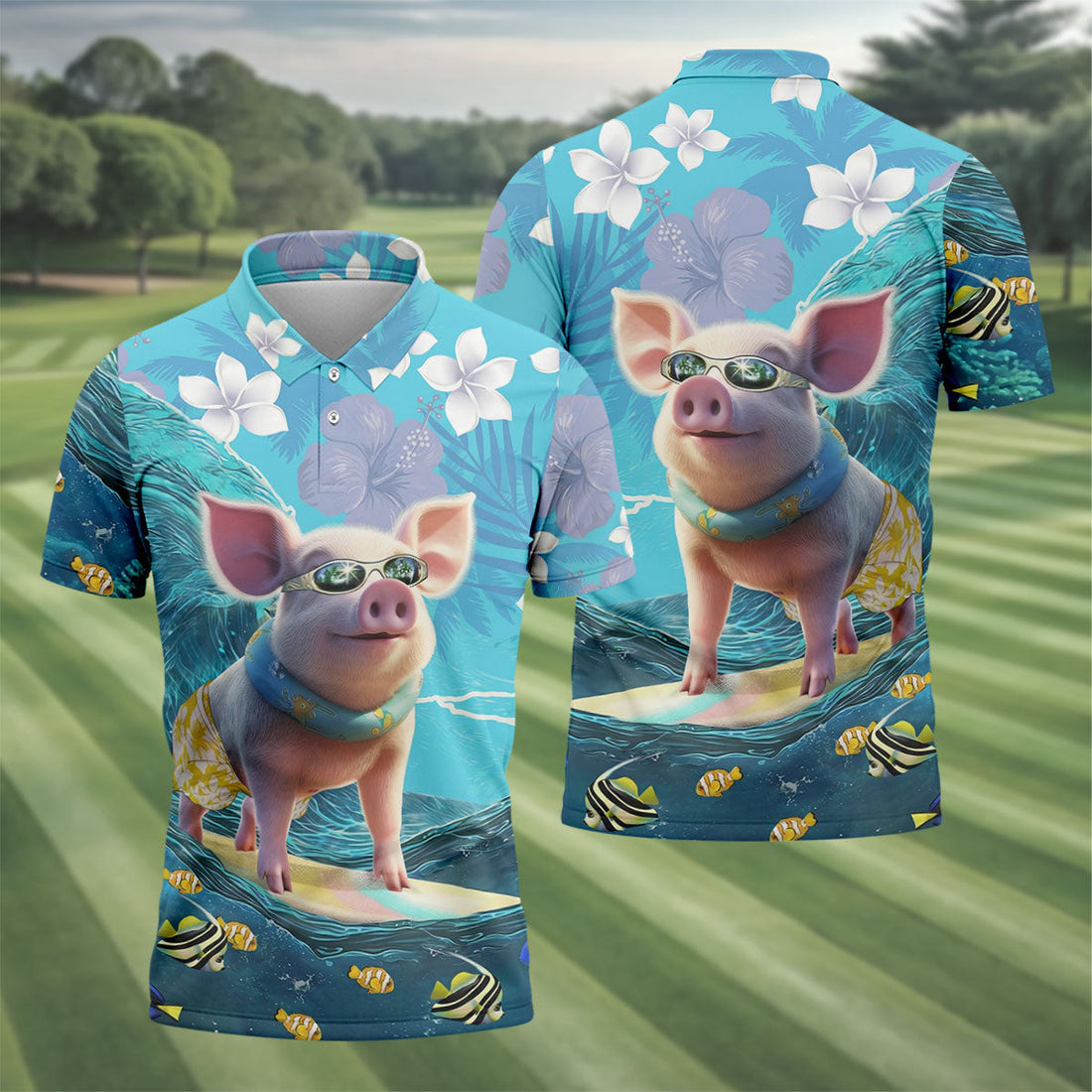 Funny Pig Riding Ocean Waves with Tropical Flowers Hawaiian Golf Polo, Golf Tops For Men, Golfing Apparel