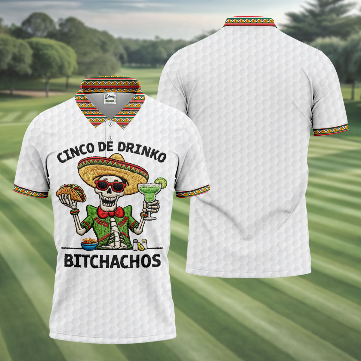 Skeleton Holding Taco And Margarita Hawaiian Golf Polo, Golf Tops For Men, Golfing Apparel