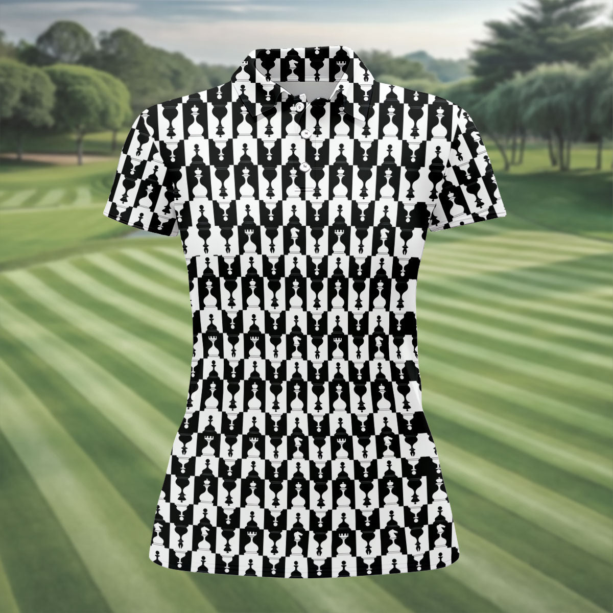 Chess Board Pattern Hawaiian Golf Shirt, Chess Lover Gift Women's Golf Tops, Ladies Golf Shirts