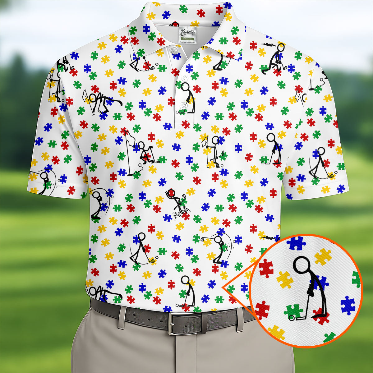Funny Stick Figure Autism Puzzle Polo Shirts For Men, Autism Awareness Golf Shirt, Golfing Apparel